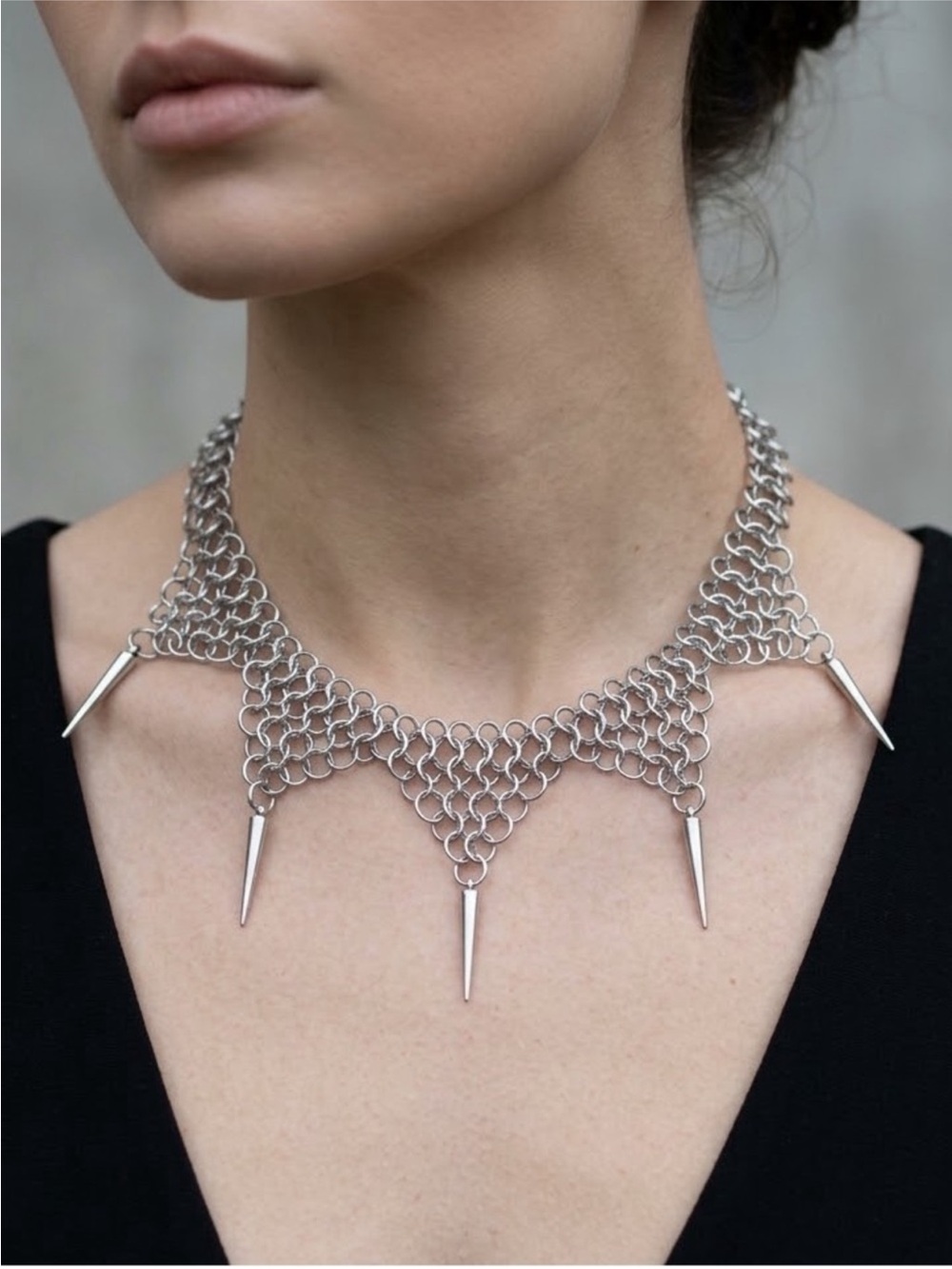 Silver Rockstar Chainmail Spike Collar Necklace